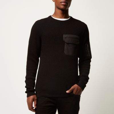Black knitted minimal pocket jumper